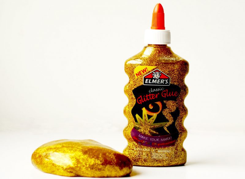 gold glitter glue bottle and slime