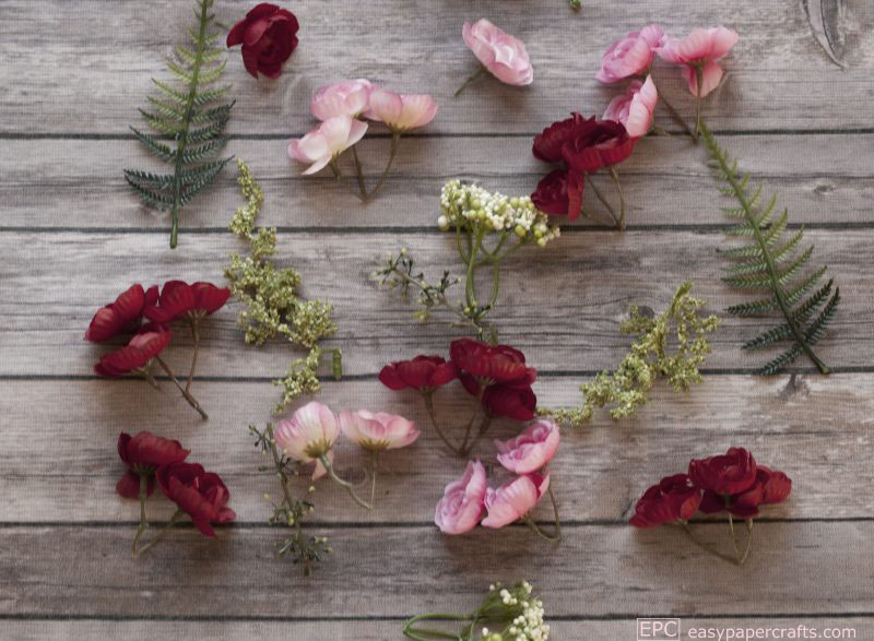 silk flowers on wood heart wreath DIY