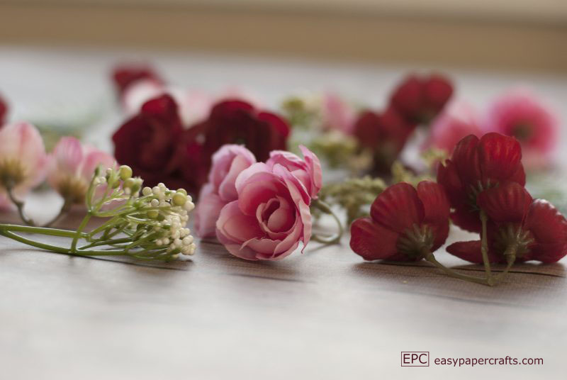 close up of silk flower heads heart wreath DIY