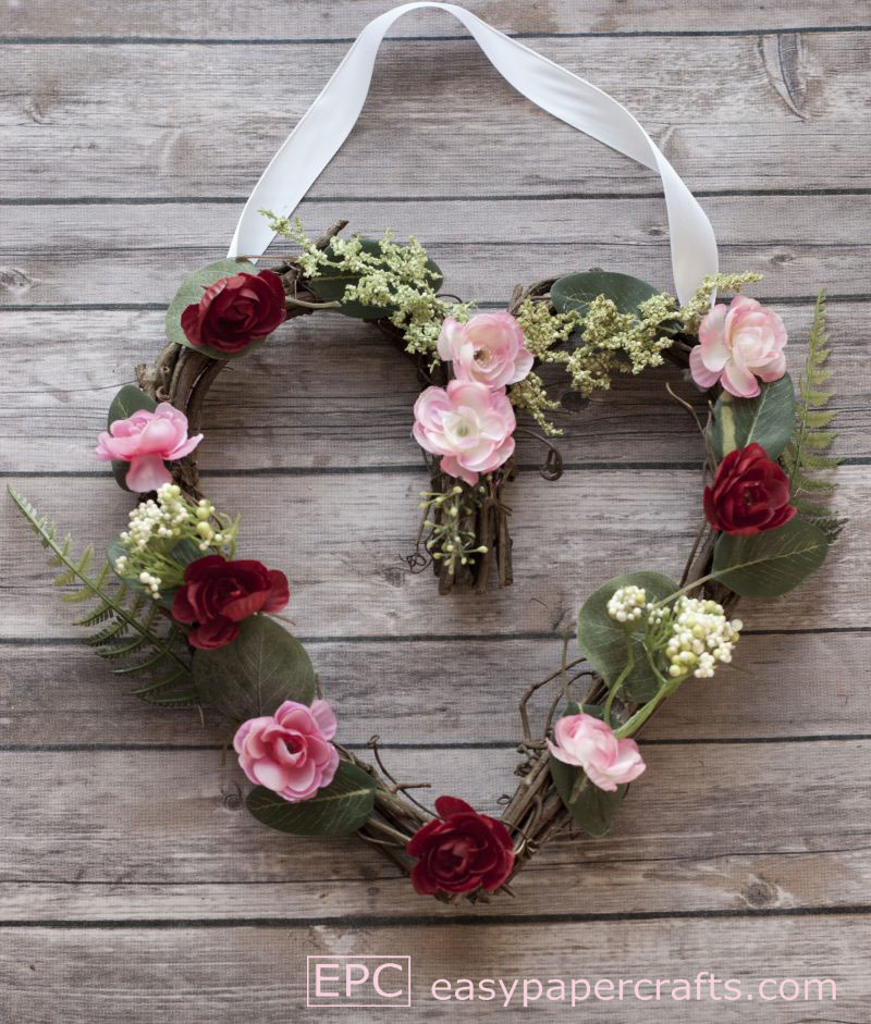 silk flower heart wreath DIY with ribbon hanger