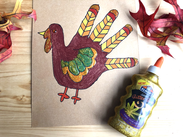 handprint turkey with Elmer's glitter glue