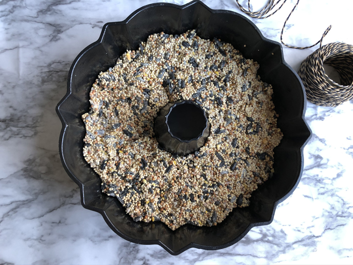 easy DIY birdseed ornament in bundt cake pan