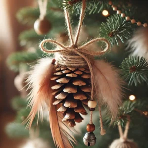 A-close-up-image-of-a-Boho-style-Christmas-ornament-made-from-a-natural-pine-cone-hanging-on-a-Christmas-tree.-